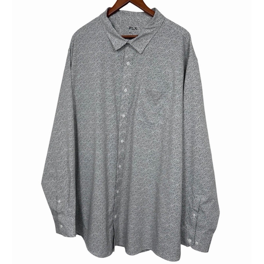 FLX Mens 4XB Gray Floral Button Front Shirt Stretch Performance Long Sleeve Big